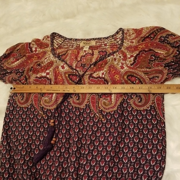 Vintage America Boho Short Sleeve Wood Bead Tassel Paisley Print Purple Size Sm - Picture 7 of 9
